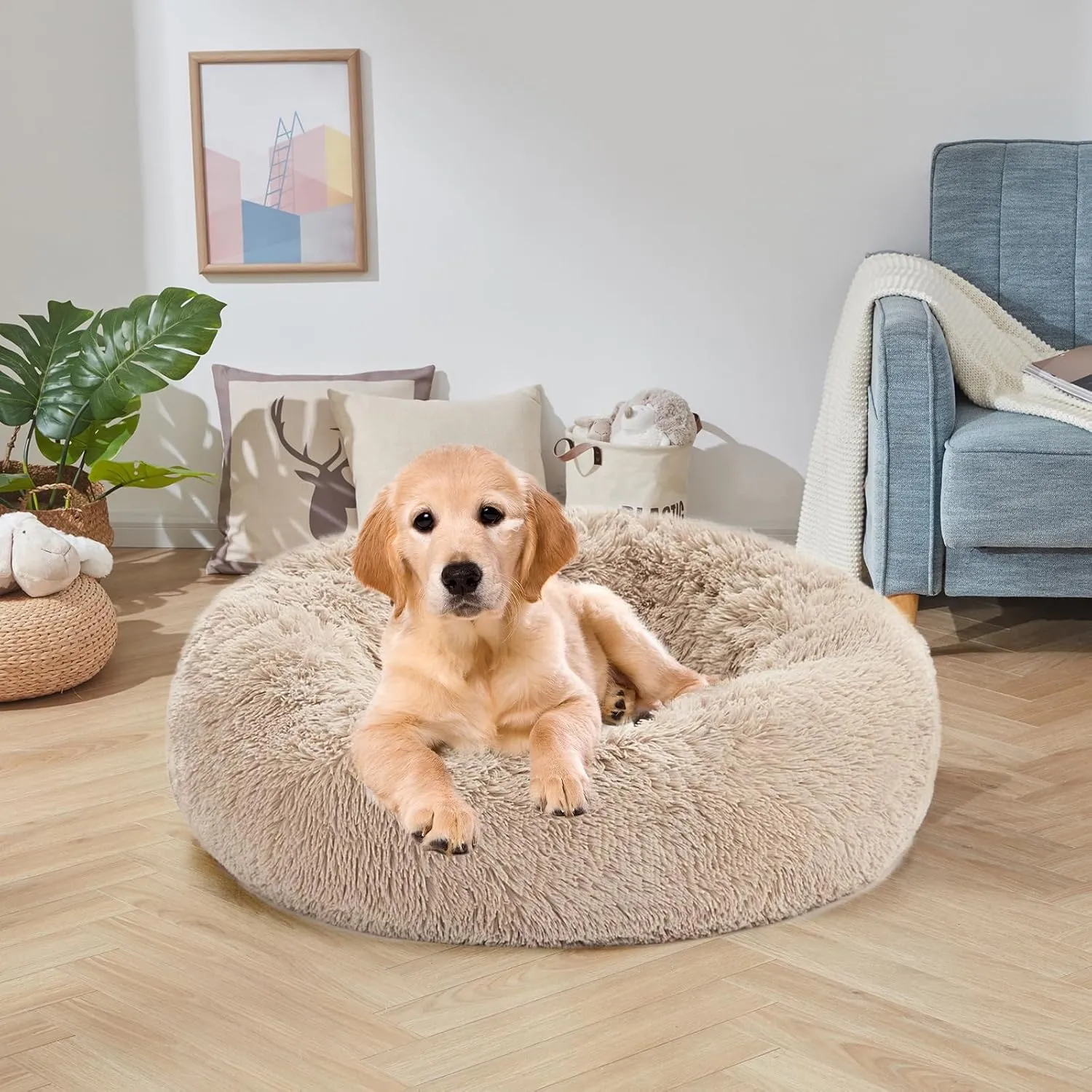 Calming Dog & Cat Bed, Anti-Anxiety Donut Cuddler, Warming Cozy Soft Pet Puppy Round Bed, Fluffy Faux Fur Plush Cushion, 20" Brown
