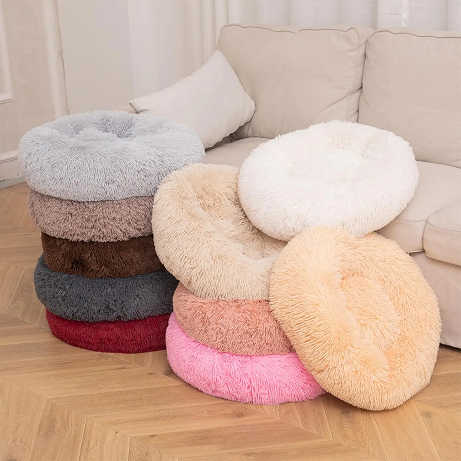 Calming Dog & Cat Bed, Anti-Anxiety Donut Cuddler, Warming Cozy Soft Pet Puppy Round Bed, Fluffy Faux Fur Plush Cushion, 20" Brown