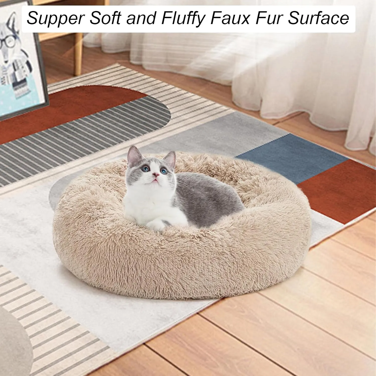 Calming Dog & Cat Bed, Anti-Anxiety Donut Cuddler, Warming Cozy Soft Pet Puppy Round Bed, Fluffy Faux Fur Plush Cushion, 20" Brown