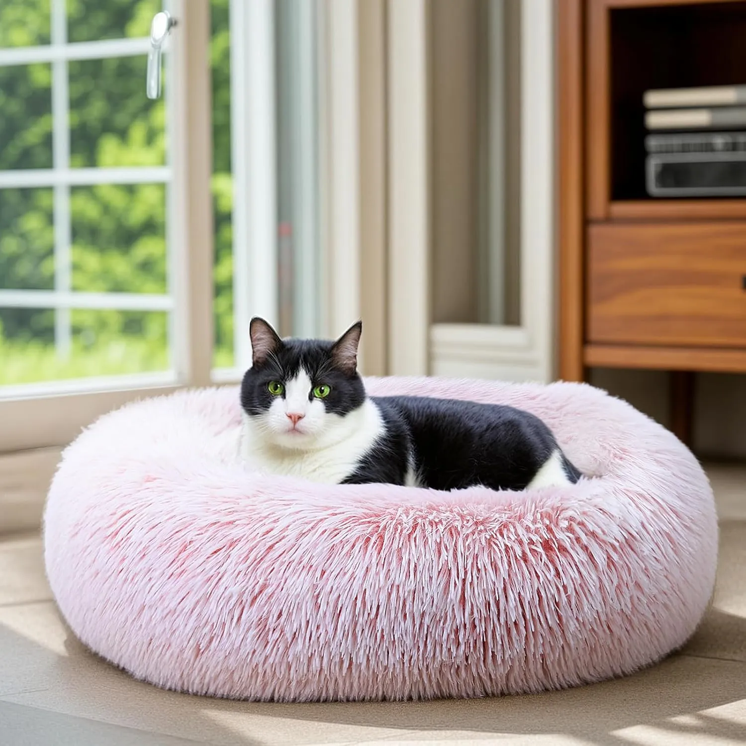 Calming Dog Bed & Cat Bed for Indoor Cats, Medium Size Washable Anti-Slip Anti-Anxiety Donut Dog Beds for Small Dogs & Cats, Fluffy Plush Cozy Round Dog Bed(20 Inch, Pink)