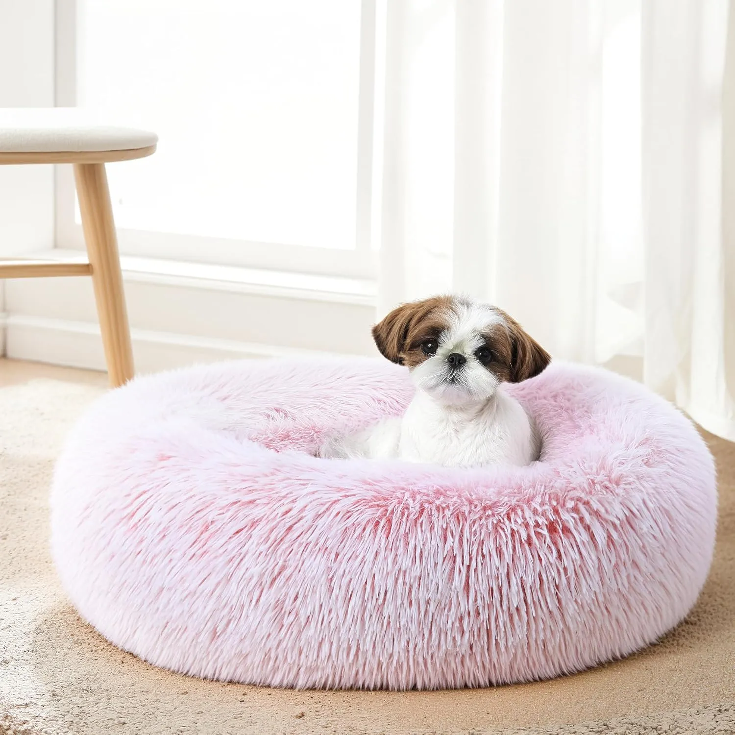 Calming Dog Bed & Cat Bed for Indoor Cats, Medium Size Washable Anti-Slip Anti-Anxiety Donut Dog Beds for Small Dogs & Cats, Fluffy Plush Cozy Round Dog Bed(20 Inch, Pink)