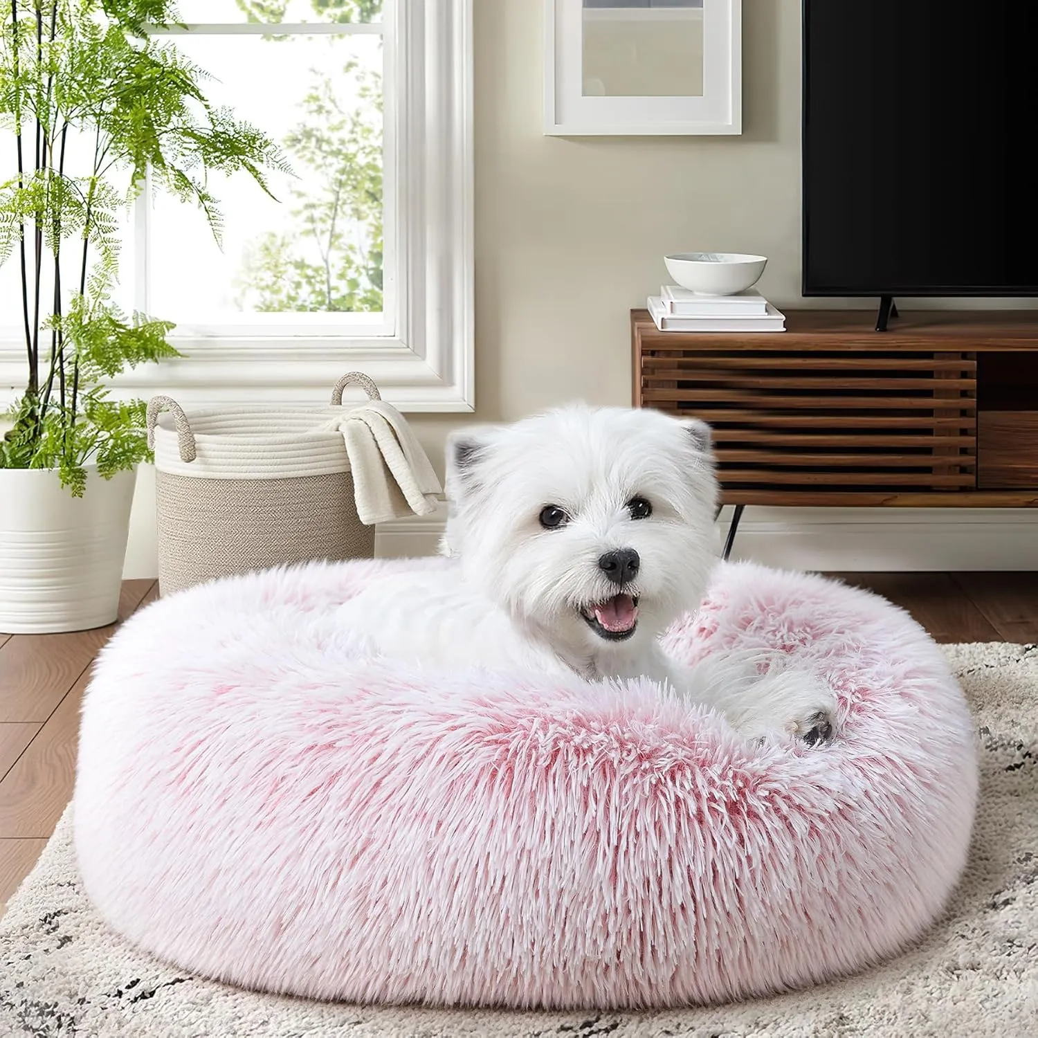 Calming Dog Bed & Cat Bed for Indoor Cats, Medium Size Washable Anti-Slip Anti-Anxiety Donut Dog Beds for Small Dogs & Cats, Fluffy Plush Cozy Round Dog Bed(20 Inch, Pink)
