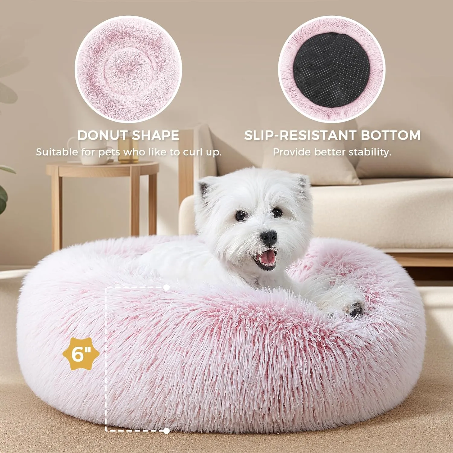 Calming Dog Bed & Cat Bed for Indoor Cats, Medium Size Washable Anti-Slip Anti-Anxiety Donut Dog Beds for Small Dogs & Cats, Fluffy Plush Cozy Round Dog Bed(20 Inch, Pink)