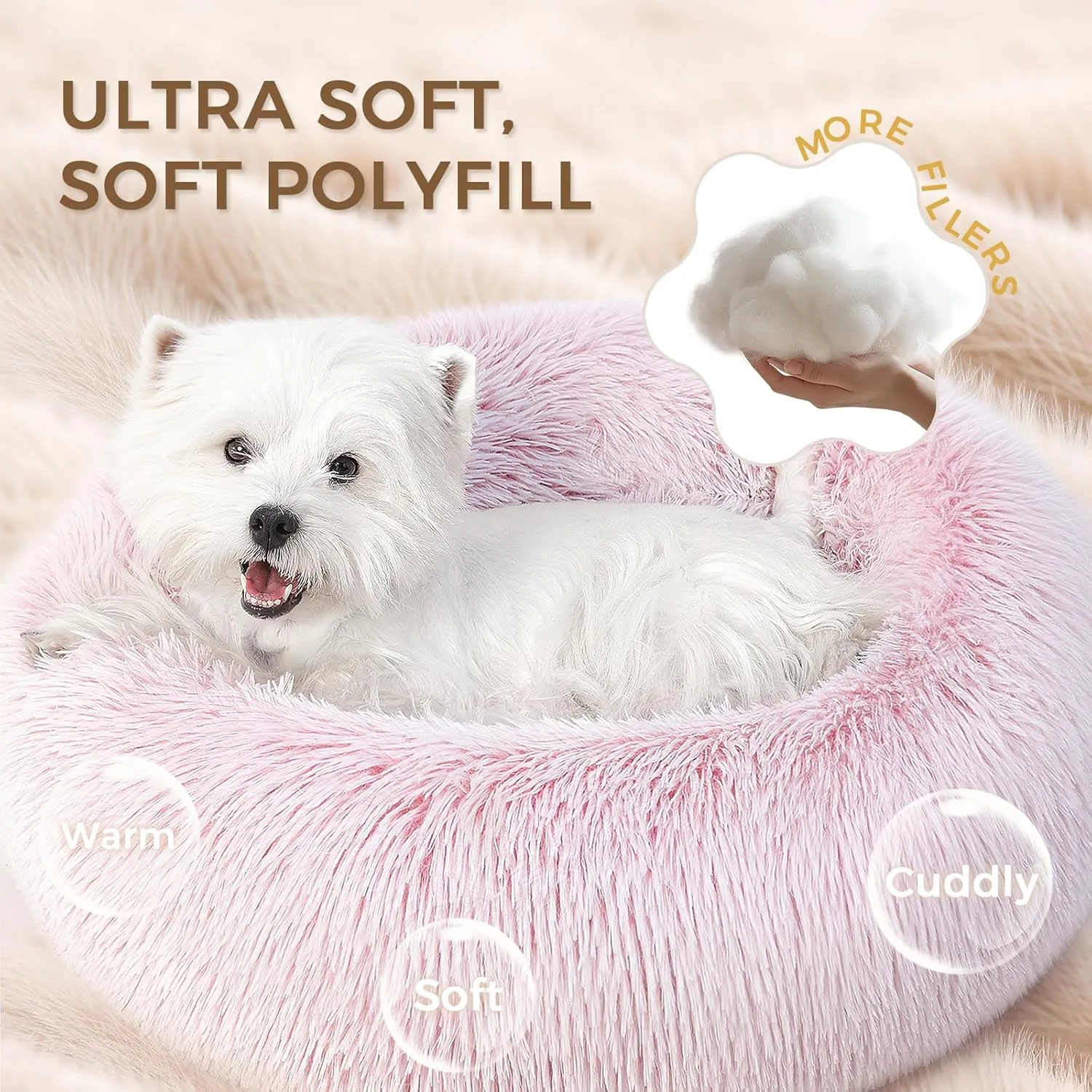Calming Dog Bed & Cat Bed for Indoor Cats, Medium Size Washable Anti-Slip Anti-Anxiety Donut Dog Beds for Small Dogs & Cats, Fluffy Plush Cozy Round Dog Bed(20 Inch, Pink)