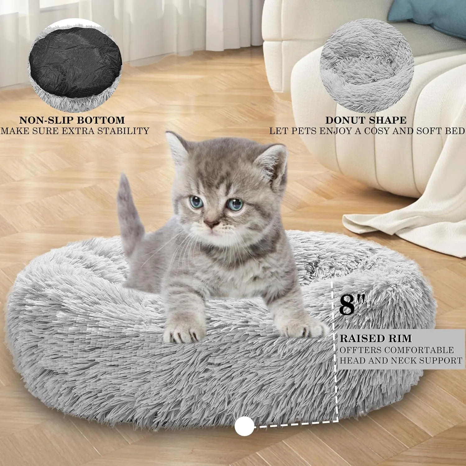 Calming Dog Bed for Small Melium Large Dogs Donut Washable Pet Bed for Puppy and Kitten Anti-Anxiety Donut Warming Cozy Soft Round Bed with Slip-Resistant Bottom (Grey, 20" L x 20" W x 8" Th)