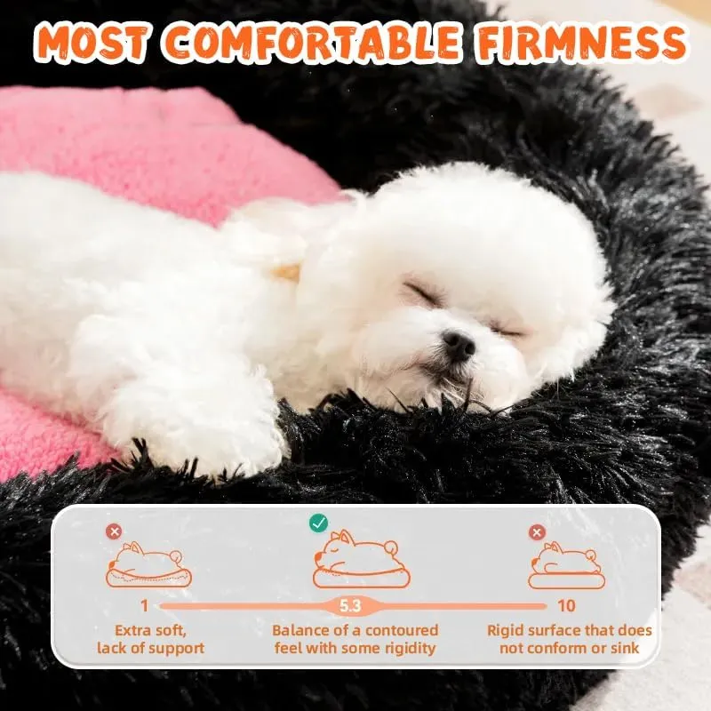 Calming Dog Cat Bed, Anti-Anxiety Donut Warming Cozy Soft Round Bed, Machine Washable, Fluffy Faux Fur Plush Cushion Bed for Small Medium Dogs and Cats 25.6"