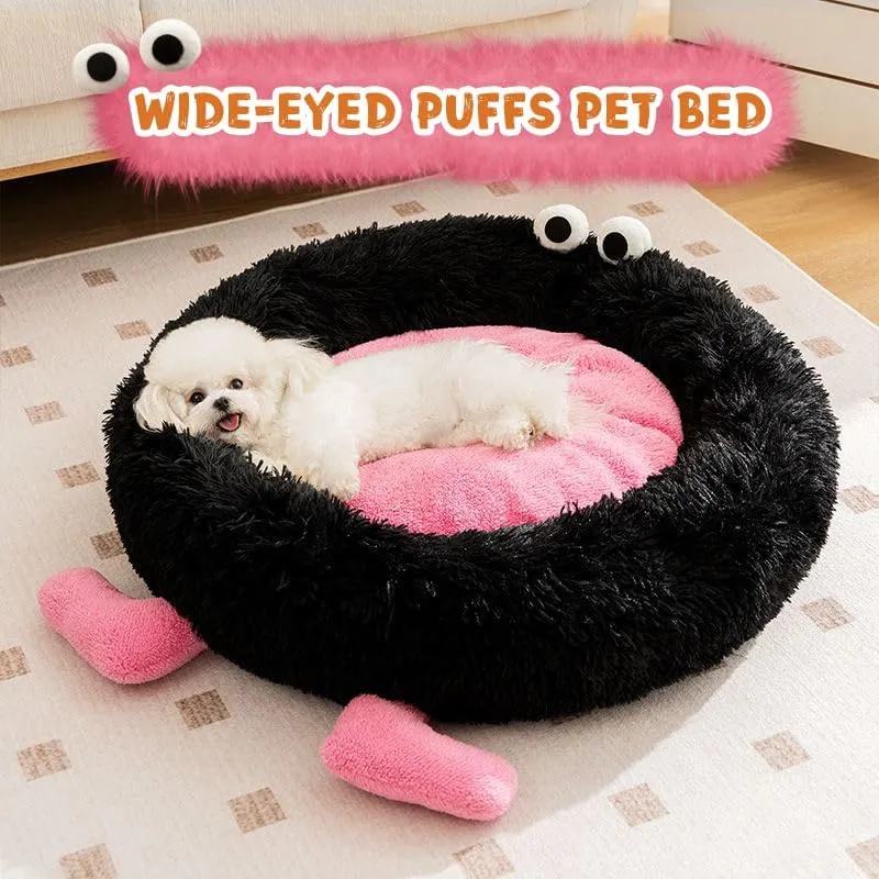 Calming Dog Cat Bed, Anti-Anxiety Donut Warming Cozy Soft Round Bed, Machine Washable, Fluffy Faux Fur Plush Cushion Bed for Small Medium Dogs and Cats 25.6"