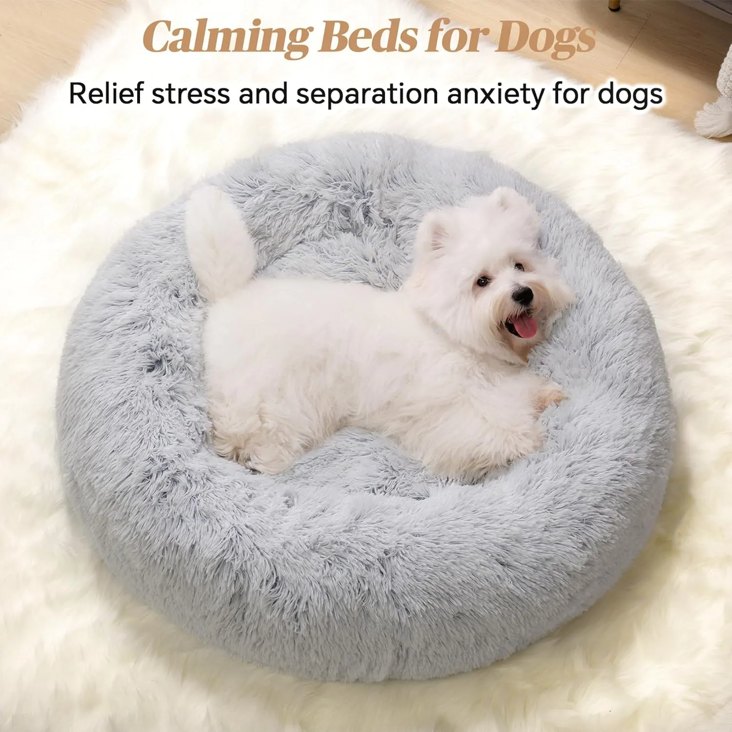 Calming Small Dog Bed, Donut Fluffy Anti-Anxiety Round Washable Cute Bed, Plush Cozy Cuddler Warming Soft Comfort Pet Bed for Small Medium Dogs Cats, 20inch,Light Grey