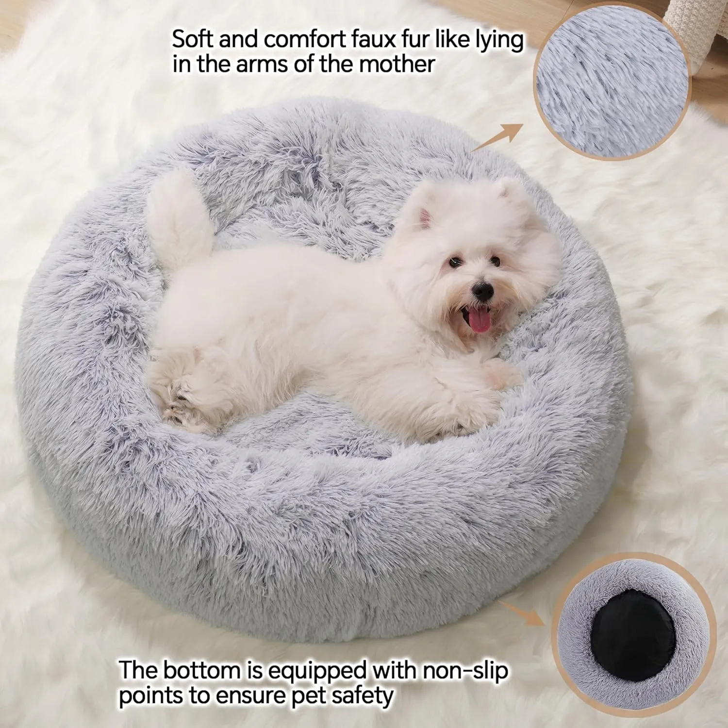 Calming Small Dog Bed, Donut Fluffy Anti-Anxiety Round Washable Cute Bed, Plush Cozy Cuddler Warming Soft Comfort Pet Bed for Small Medium Dogs Cats, 20inch,Light Grey