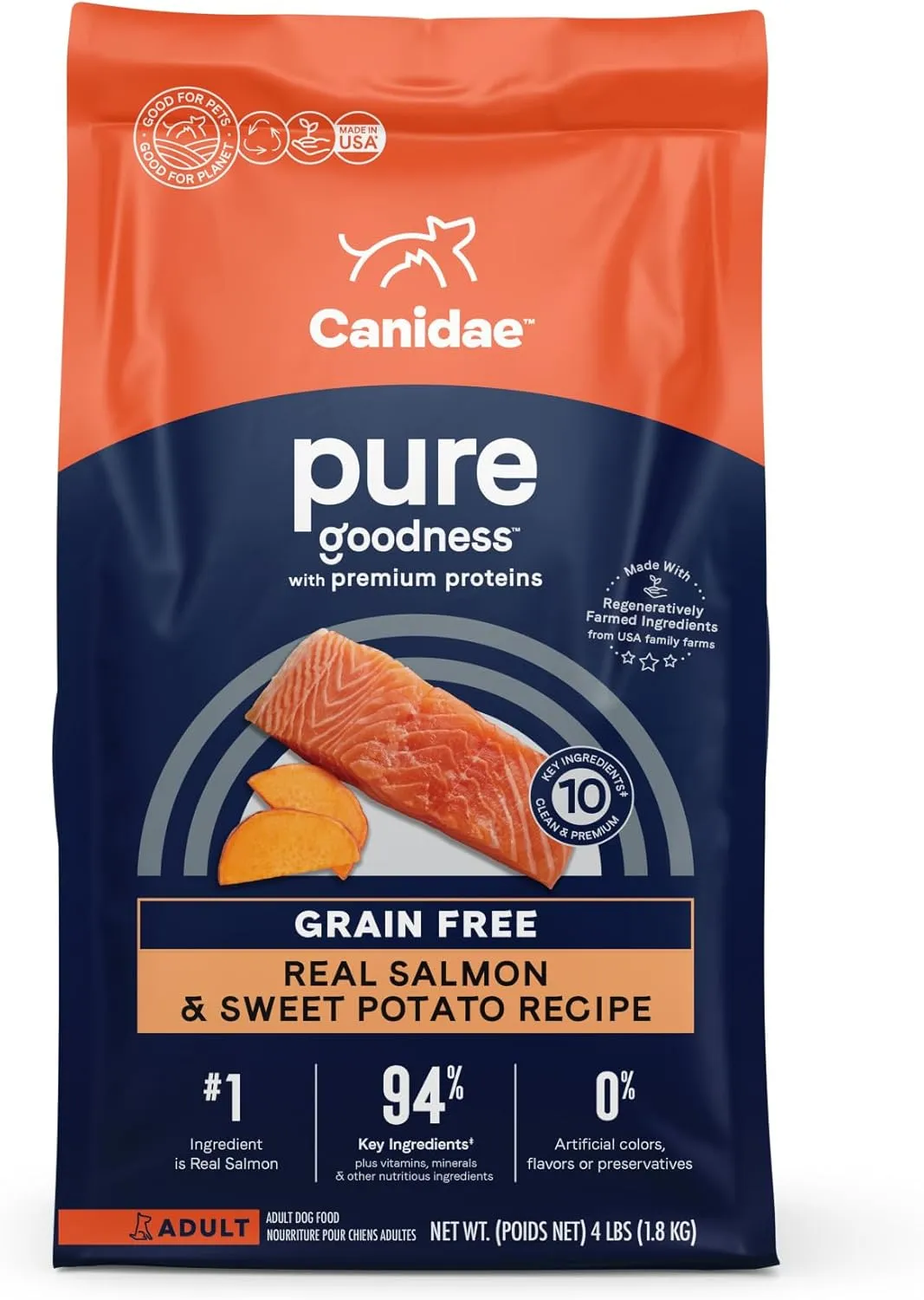 Canidae Pure Limited Ingredient Premium Adult Dry Dog Food, Real Salmon and Sweet Potato Recipe, 4 lbs, Grain Free
