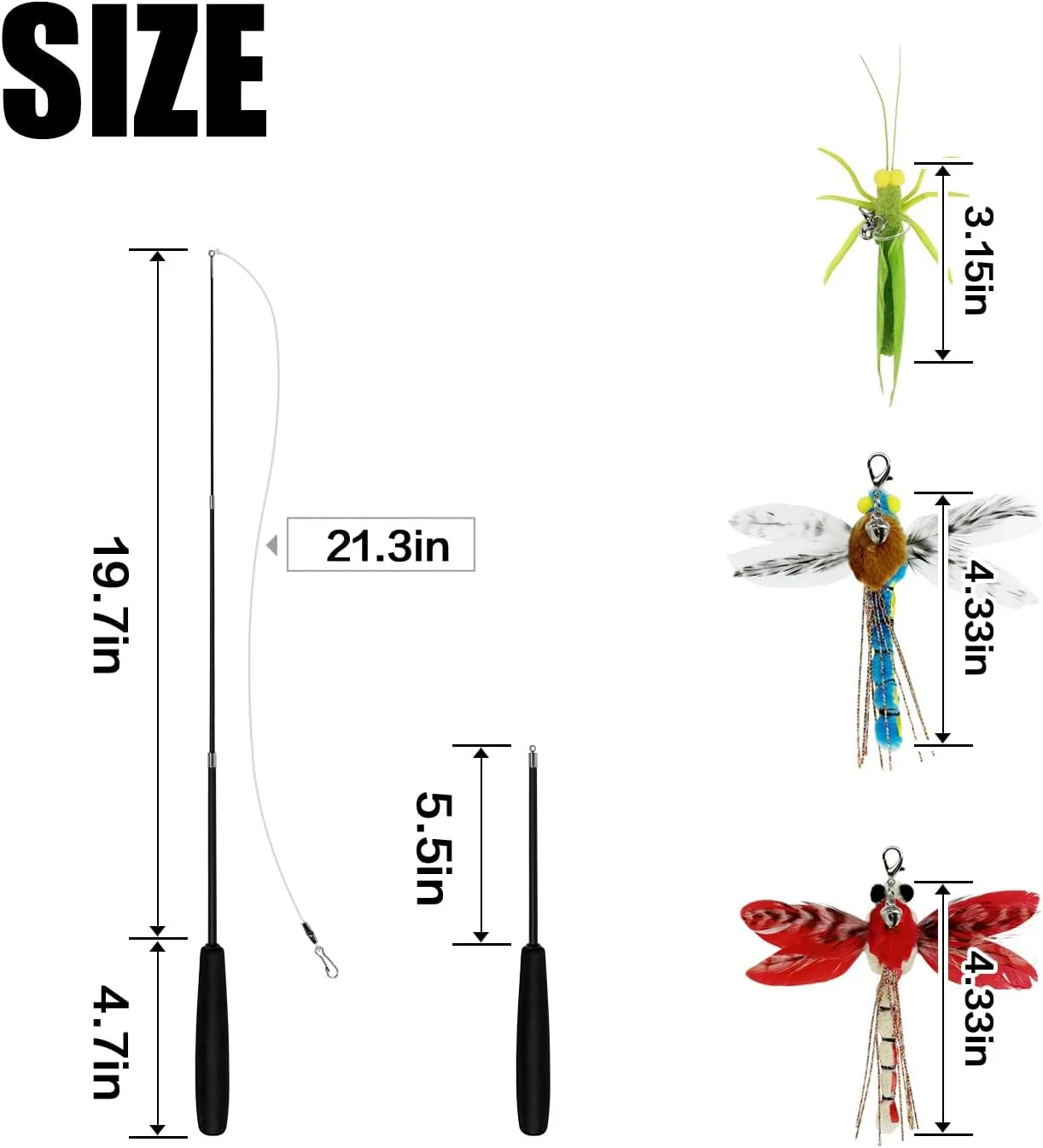 Cat Feather Wand Toys,Retractable Wand Toy with 3 Simulation Insects Refills, Transparent Carbon Wire,Interactive Cat Toy Kitten Toy for Indoor Cats to Play Chase Exercis