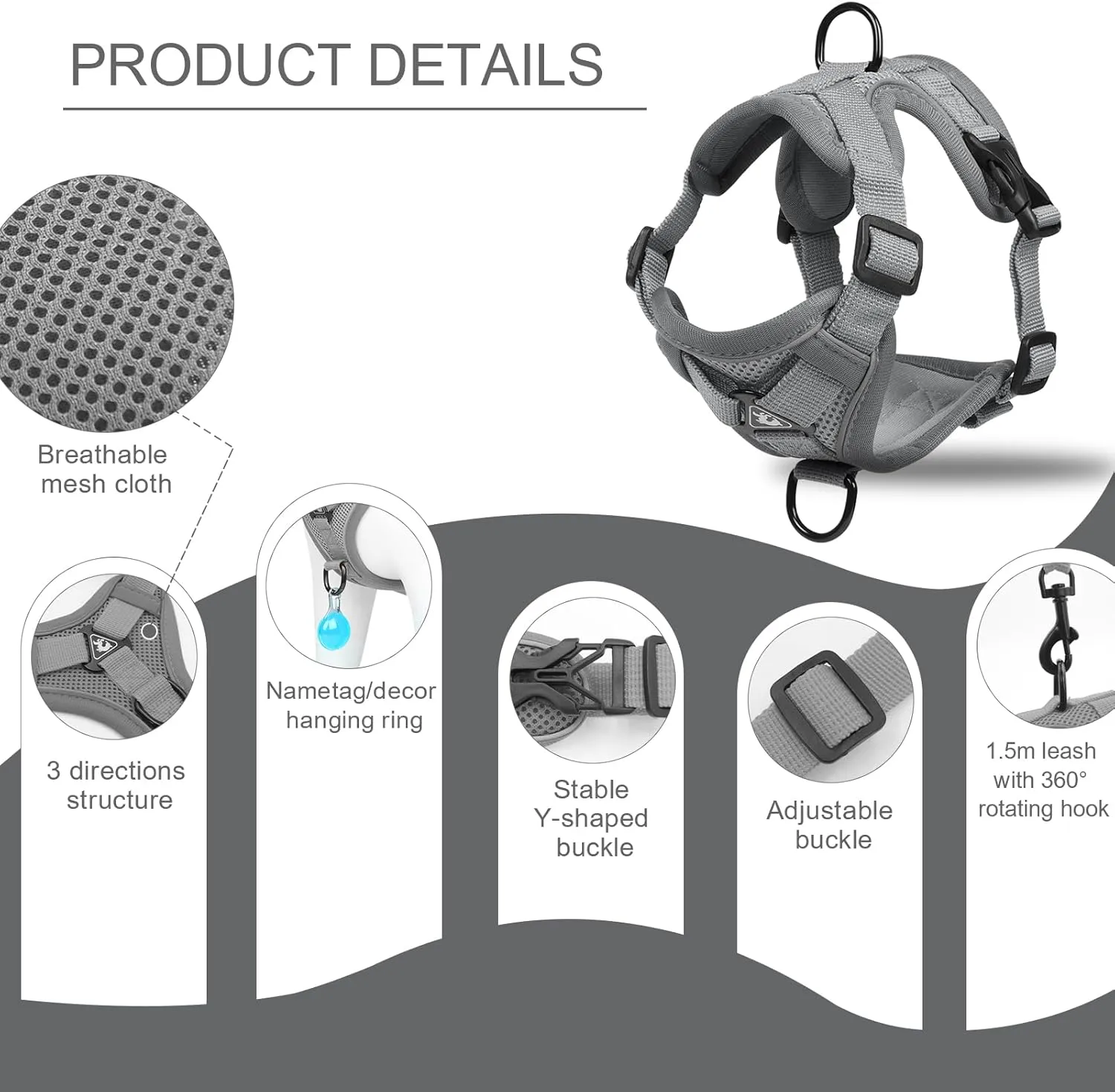 Cat Harness and Leash Set Escape Proof, Adjustable Vest with Lead for Large Cat Small Dog Puppy Outdoor Walking, Soft Breathable Mesh Jacket with Reflective Strips for Dark Night, L Gray