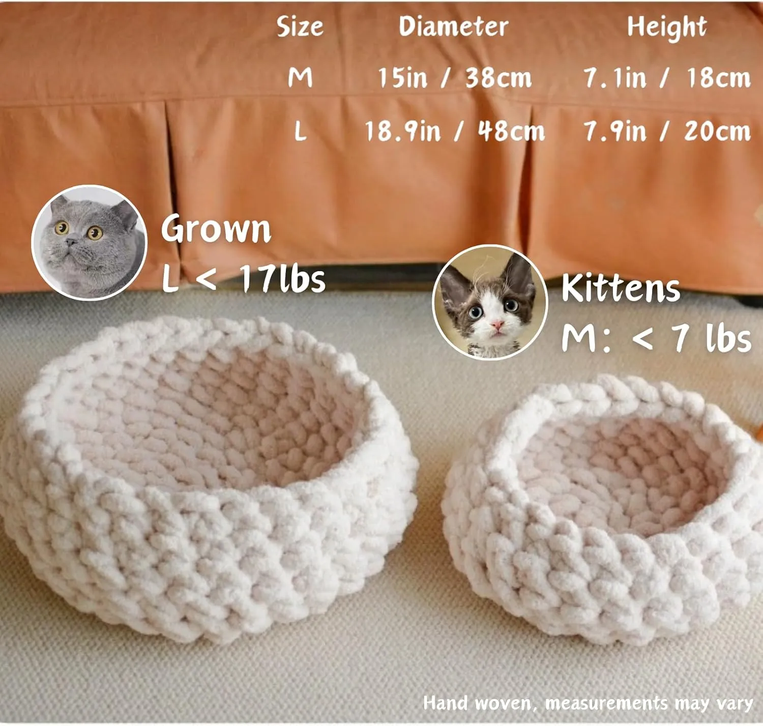 Cat Nest Bed  Premium Handwoven Washable Extra Soft Round Cave House Furniture for Indoor Kitten (Cloud White,Large)