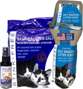Cat Scoop and Bag - Self-Bagging & Poop Scooping Kitty Litter Scoop (with 21 Free Samples of Odor Seal Cat Waste Litter Bags for Poop & Urine & Every Cat Litter Spray) Cleaning Supplies