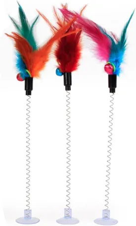 Cat Teaser Wand 3 Packs Update Metal Wire Spring Cat Toy with Feather and Bell Sucker Cat Teaser Rod Interactive Cat Tease Toys