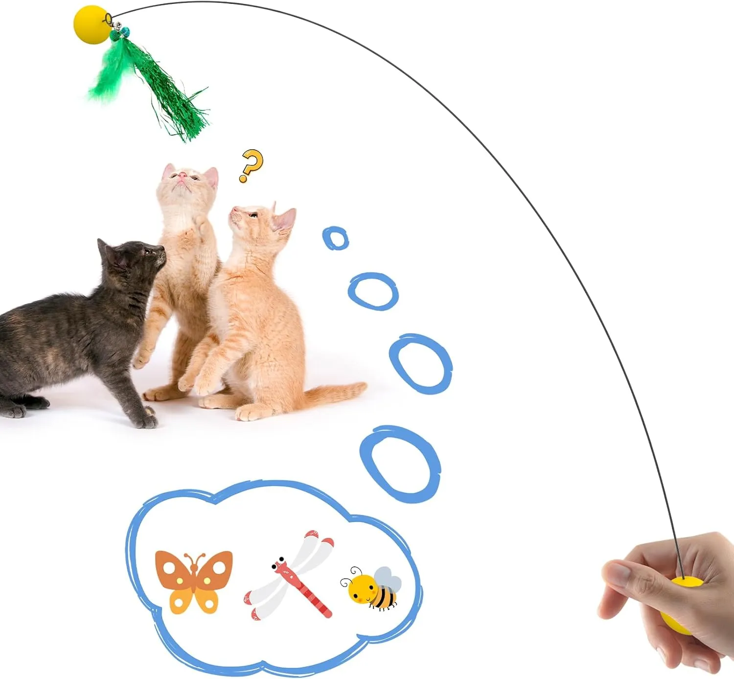 Cat Toy Interactive Wand with Feather Refills, Exercise and Play for Indoor Cats, 8.66x5.9x0.39 inches, 0.25 lbs, Yellow, Stainless Steel, All Breed Sizes