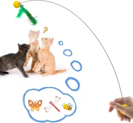 Cat Toy Interactive Wand with Feather Refills, Exercise and Play for Indoor Cats, 8.66x5.9x0.39 inches, 0.25 lbs, Yellow, Stainless Steel, All Breed Sizes