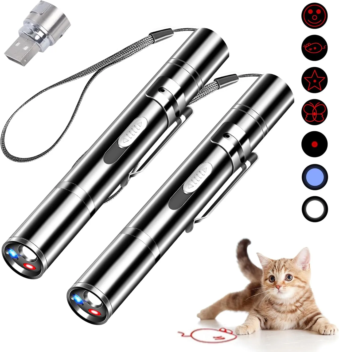 Cat Toys, Cat Laser Pointer with 3 Modes 5 Adjustable Patterns, Rechargeable Interactive Red Dot Chase Light Laser Pointer Cat Toy, Portable Cat Toy for Indoor Cats(2Pcs)