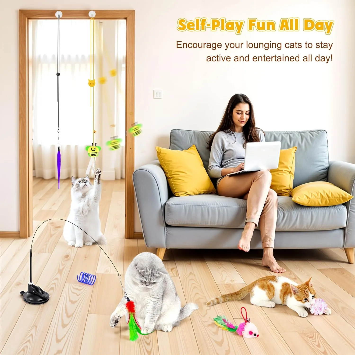 Cat Toys, Interactive Cat Toy Set for Indoor Cats with Suction Cup, Cat Feather Toy, Self-Holding Suction, Door Hanging Cat String Toy for Bored Indoor Kitten Adult Cats - Style 1