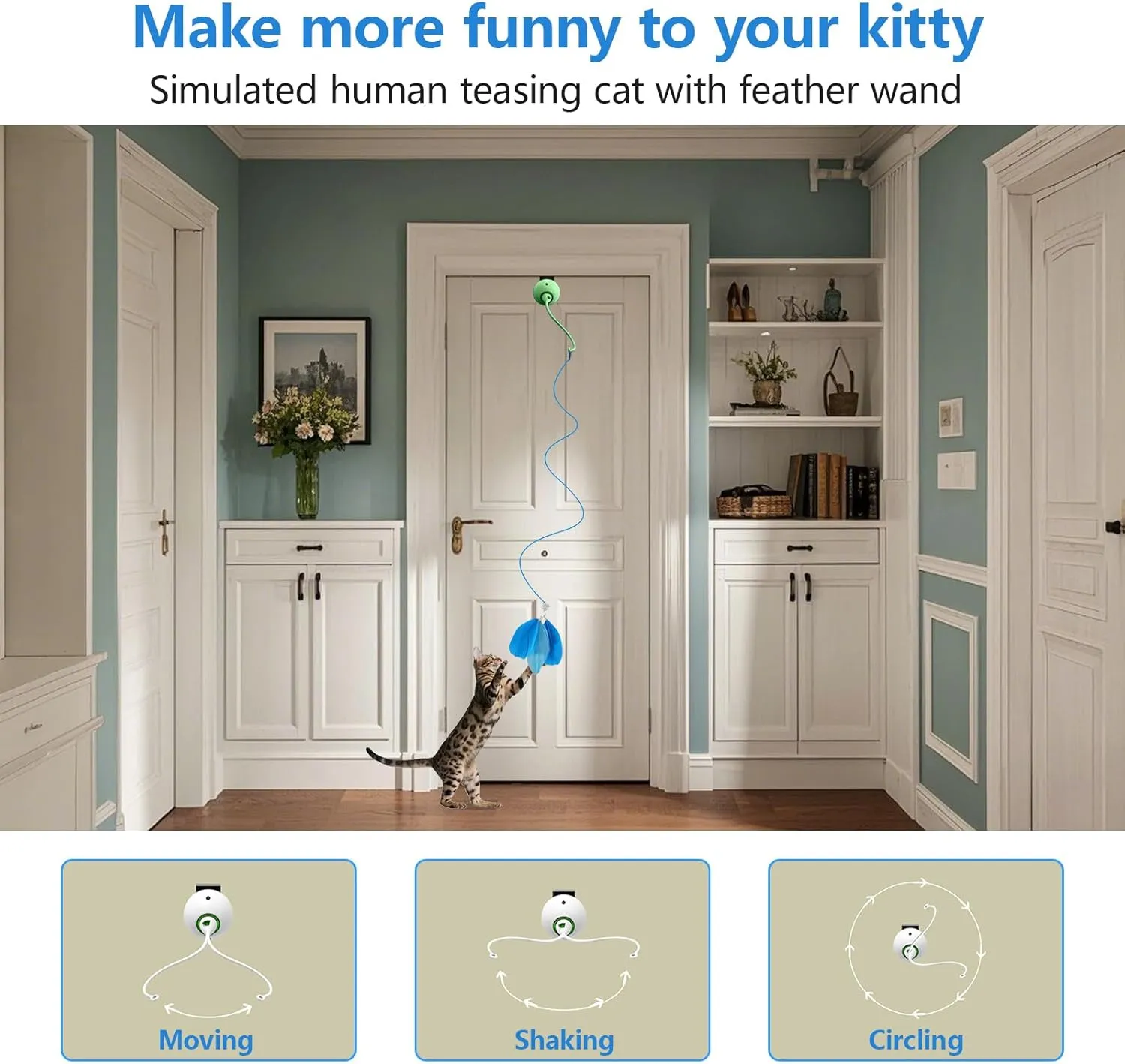 Cat Toys Interactive for Indoor, Cats Toy Hanging Door Electric for Bored,Feather Toy Kitten Rechargeable Door Hanging Automatic String with 4pcs Feather Toys(Green)