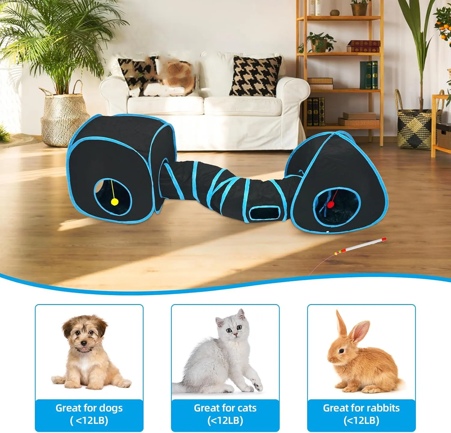 Cat Tunnels for Indoor Cats with Tent Cube and Feather Toy Collapsible Combo, Pop Up Cat Play Tunnel with Interactive Cat Toy Ball for Kitten, Ferret, Puppy, Guinea Pig, Rabbit, Bunny, Blue