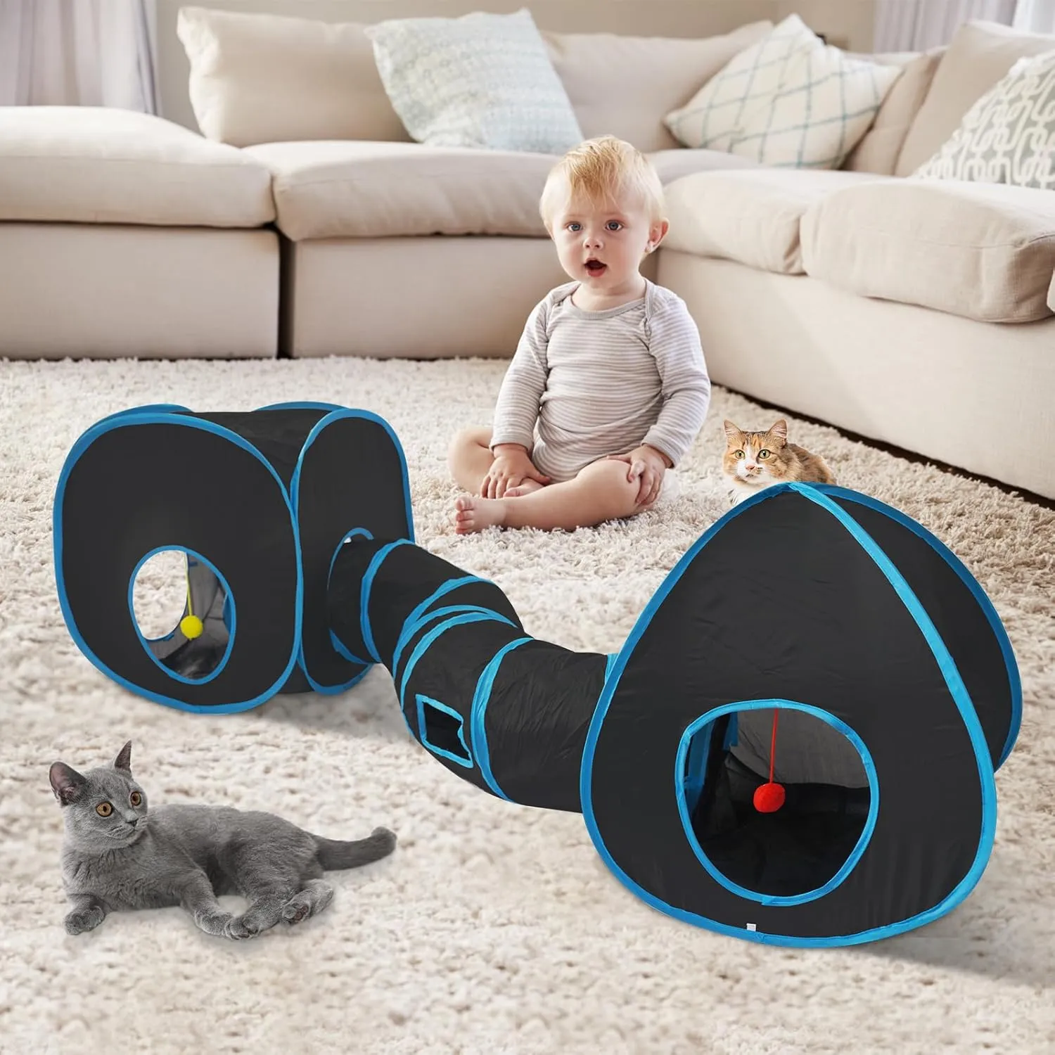 Cat Tunnels for Indoor Cats with Tent Cube and Feather Toy Collapsible Combo, Pop Up Cat Play Tunnel with Interactive Cat Toy Ball for Kitten, Ferret, Puppy, Guinea Pig, Rabbit, Bunny, Blue