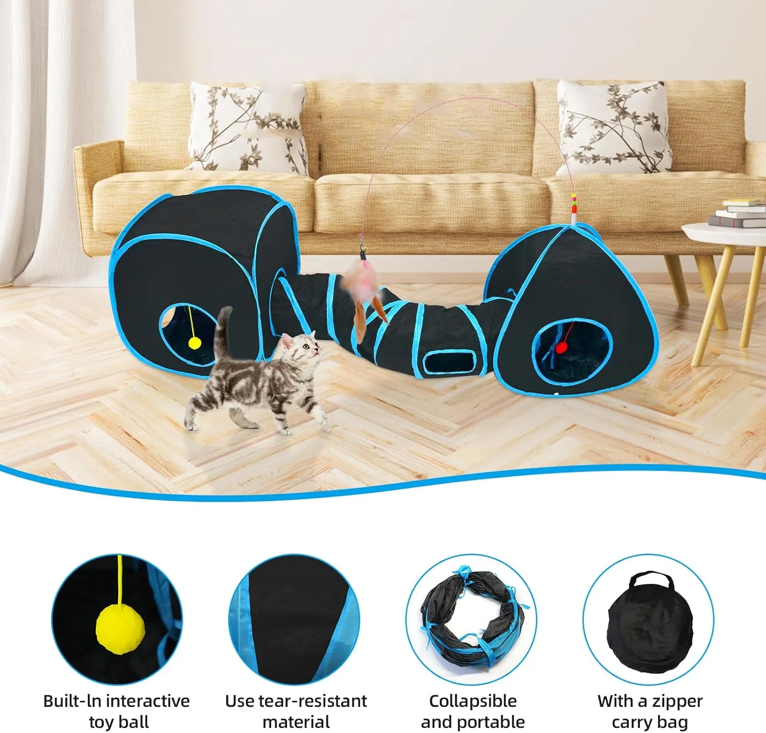 Cat Tunnels for Indoor Cats with Tent Cube and Feather Toy Collapsible Combo, Pop Up Cat Play Tunnel with Interactive Cat Toy Ball for Kitten, Ferret, Puppy, Guinea Pig, Rabbit, Bunny, Blue