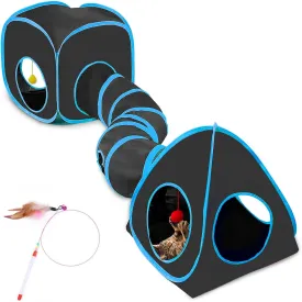 Cat Tunnels for Indoor Cats with Tent Cube and Feather Toy Collapsible Combo, Pop Up Cat Play Tunnel with Interactive Cat Toy Ball for Kitten, Ferret, Puppy, Guinea Pig, Rabbit, Bunny, Blue