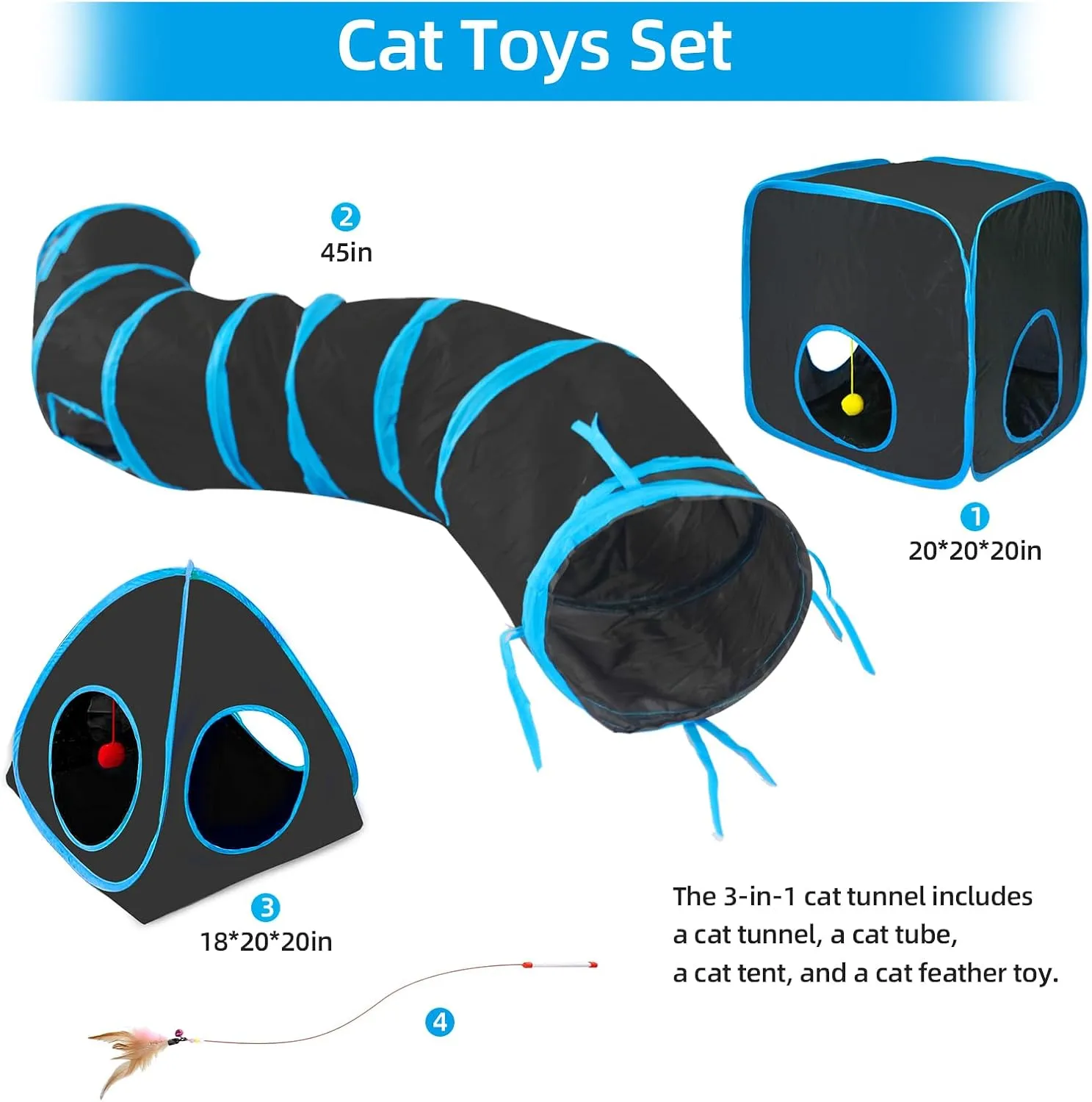 Cat Tunnels for Indoor Cats with Tent Cube and Feather Toy Collapsible Combo, Pop Up Cat Play Tunnel with Interactive Cat Toy Ball for Kitten, Ferret, Puppy, Guinea Pig, Rabbit, Bunny, Blue
