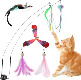Cat Wand Toys with Suction Cup,Interactive Bird Simulation Cat Toy Set,Include 1 Replacement Birds and 5 Feather Toys with Bells