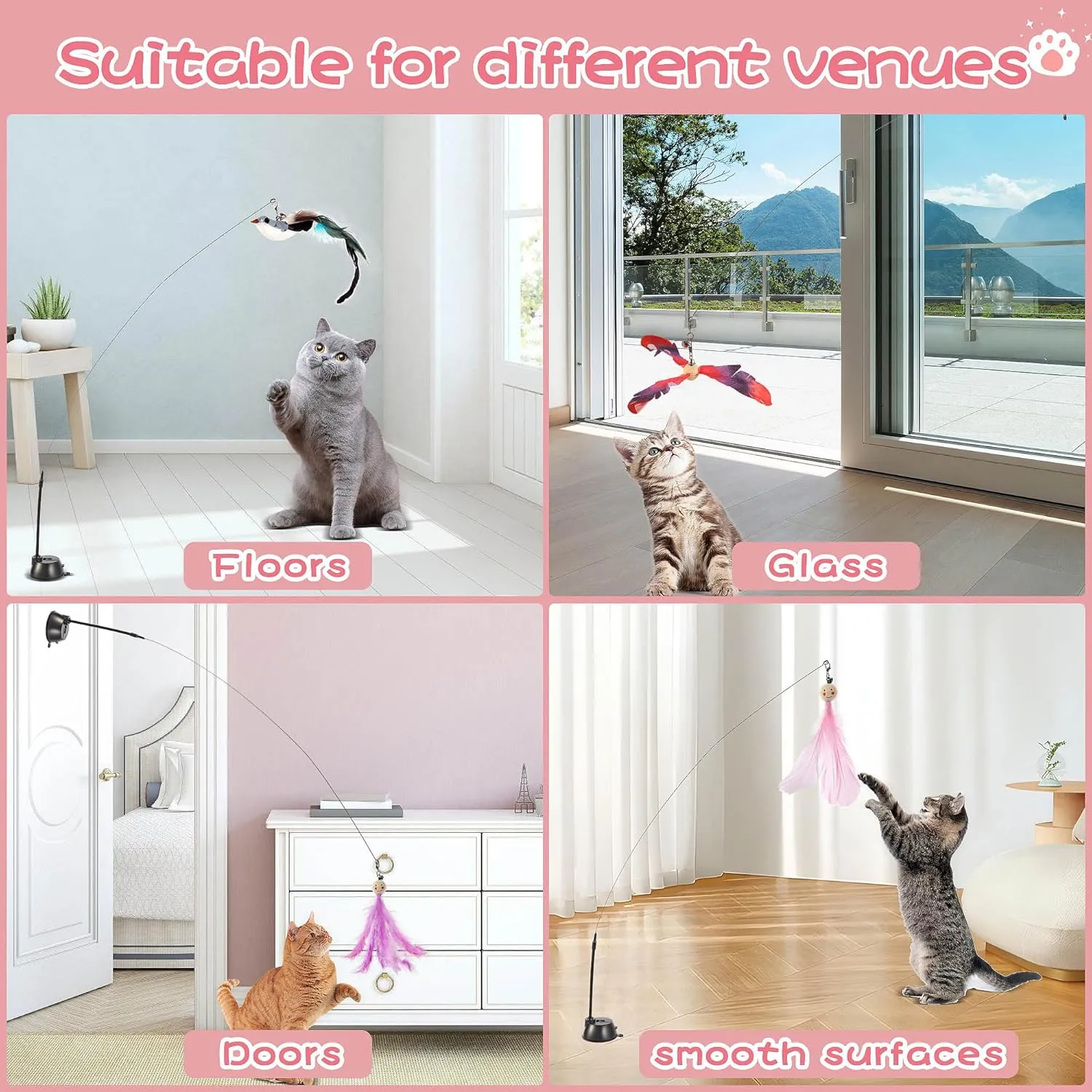Cat Wand Toys with Suction Cup,Interactive Bird Simulation Cat Toy Set,Include 1 Replacement Birds and 5 Feather Toys with Bells