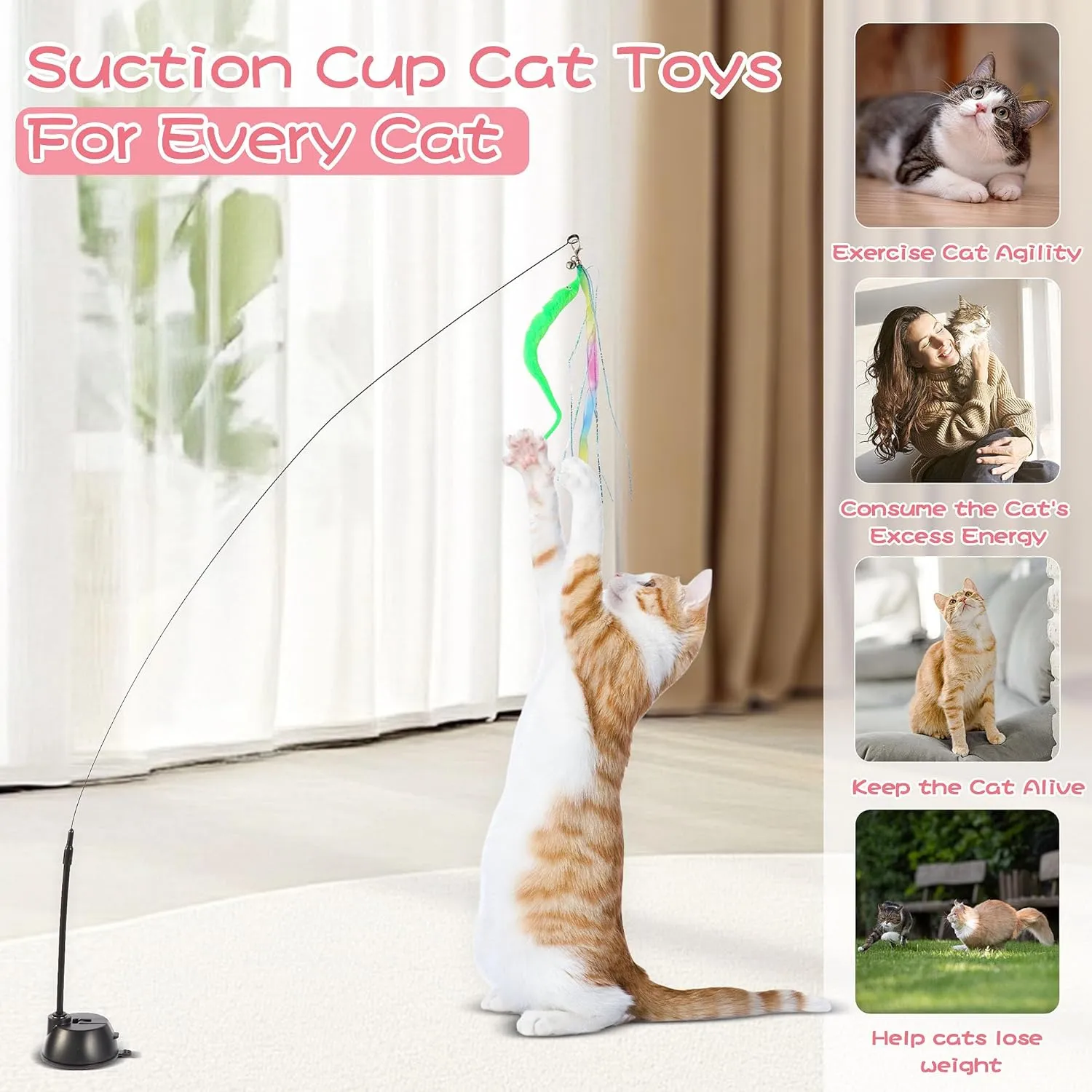 Cat Wand Toys with Suction Cup,Interactive Bird Simulation Cat Toy Set,Include 1 Replacement Birds and 5 Feather Toys with Bells