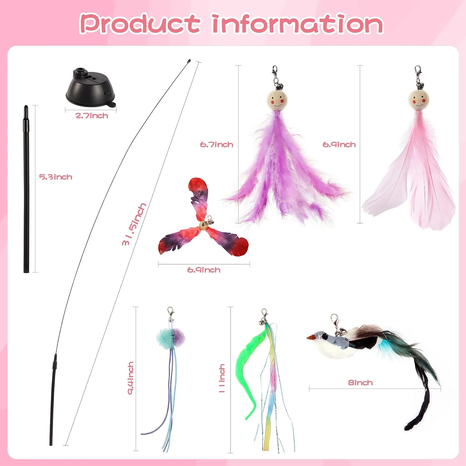 Cat Wand Toys with Suction Cup,Interactive Bird Simulation Cat Toy Set,Include 1 Replacement Birds and 5 Feather Toys with Bells