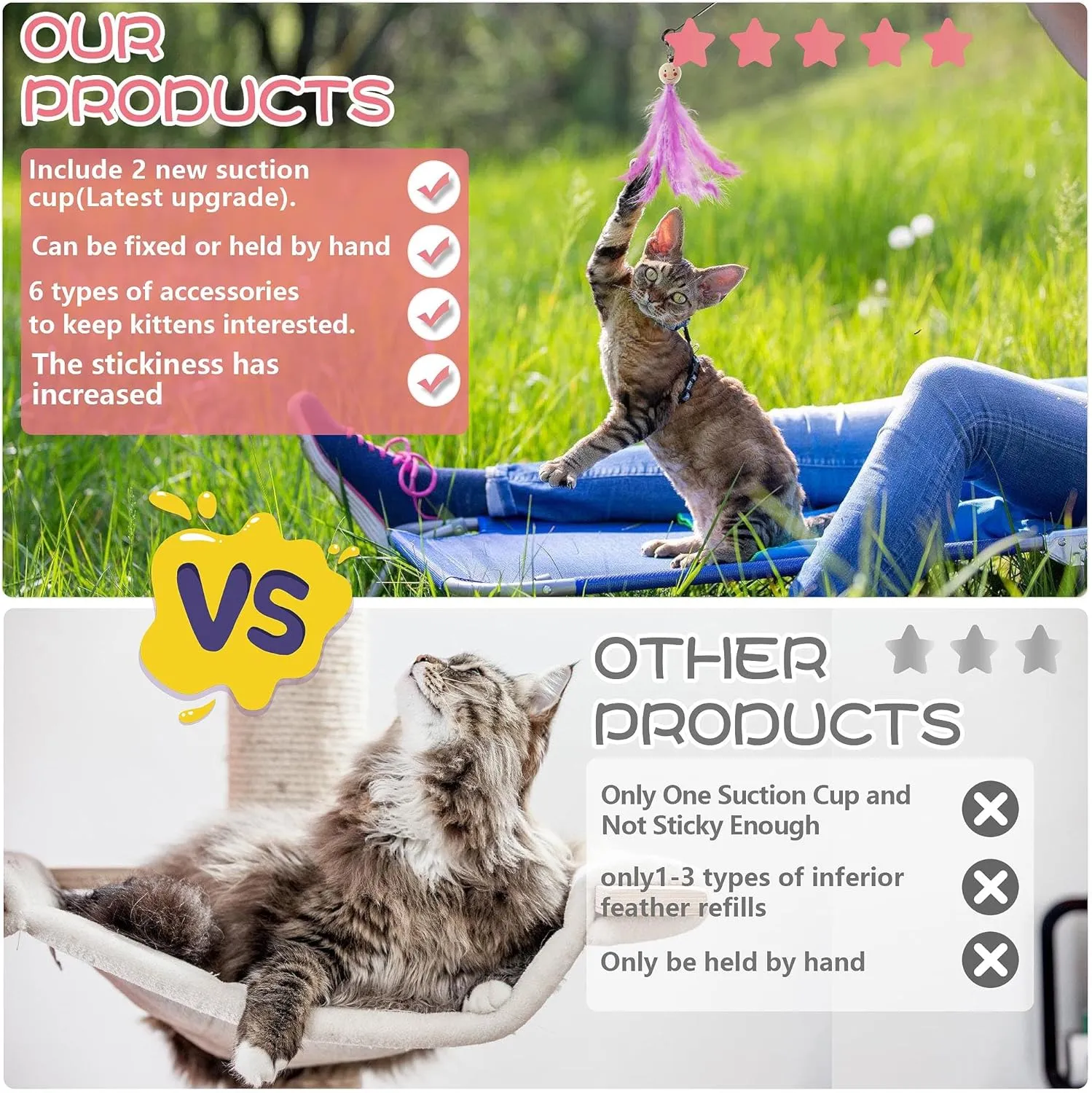 Cat Wand Toys with Suction Cup,Interactive Bird Simulation Cat Toy Set,Include 1 Replacement Birds and 5 Feather Toys with Bells