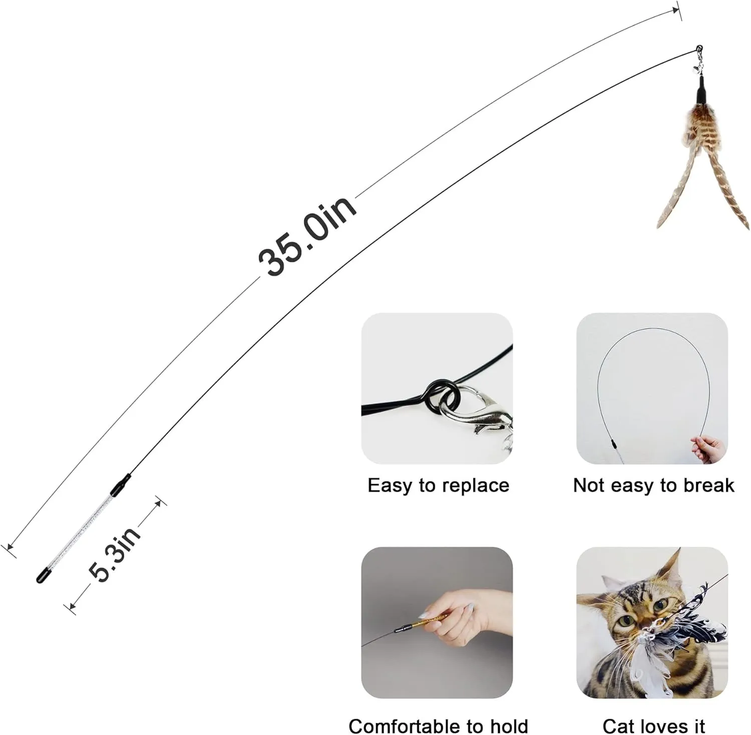 Cat Wand Toys,Interactive Bird Toy Set,35'' Flexible Steel Wire and 4Pcs Feather Refills,Teaser Toys for Indoor Cat and Kitten.