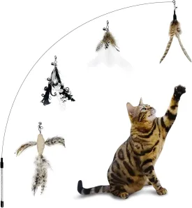 Cat Wand Toys,Interactive Bird Toy Set,35'' Flexible Steel Wire and 4Pcs Feather Refills,Teaser Toys for Indoor Cat and Kitten.