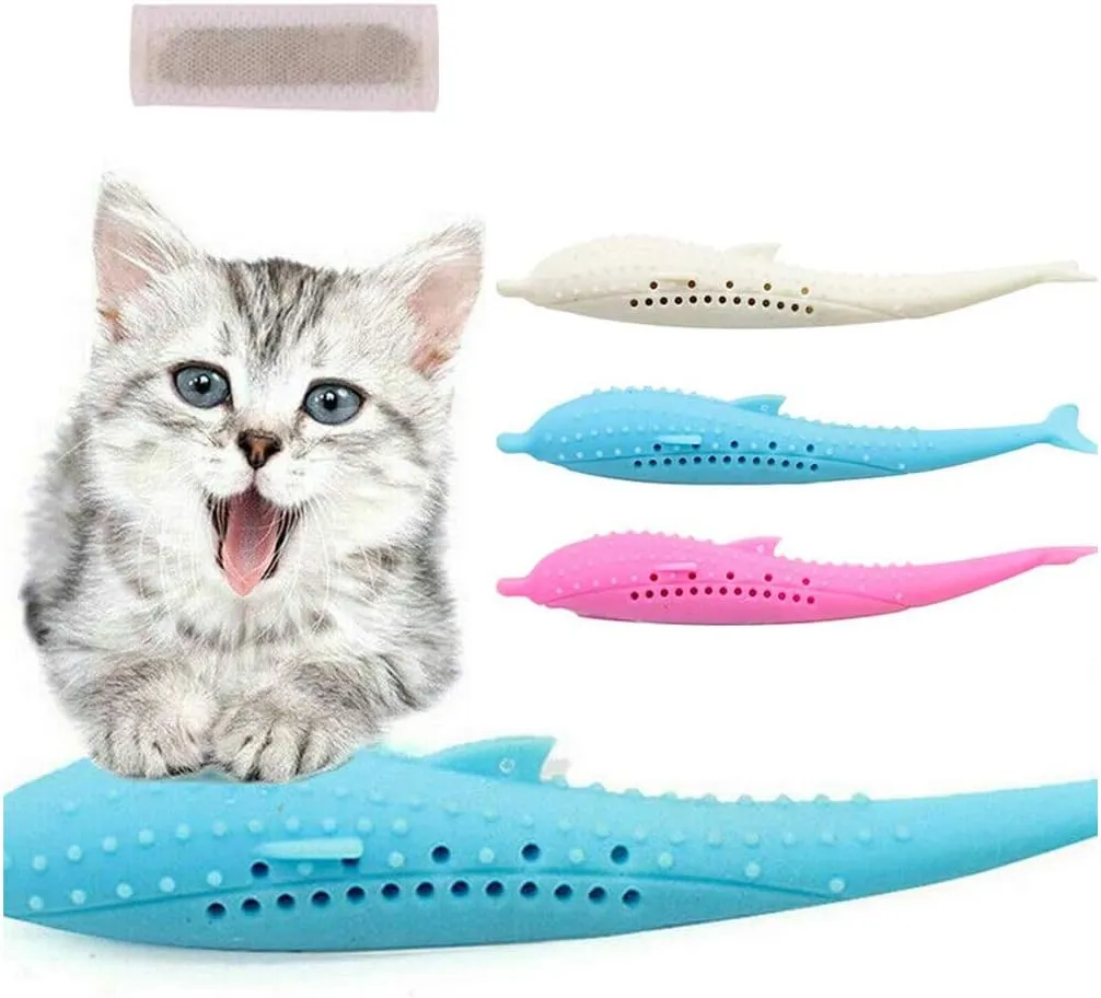Catnip Toys, Interactive Cat Fish Shape Toothbrush Refillable Catnip Simulation Fish Silicone Teeth Cleaning Chew Pet Supplies for Kitten Kitty Cats