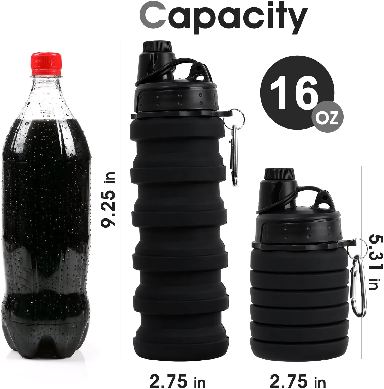 Collapsible Water Bottle for Adults, Boys, Students, Kids, Reusable Silicone Foldable Water Bottles for Travel Camping Hiking, Portable Sports Water Bottle, Black
