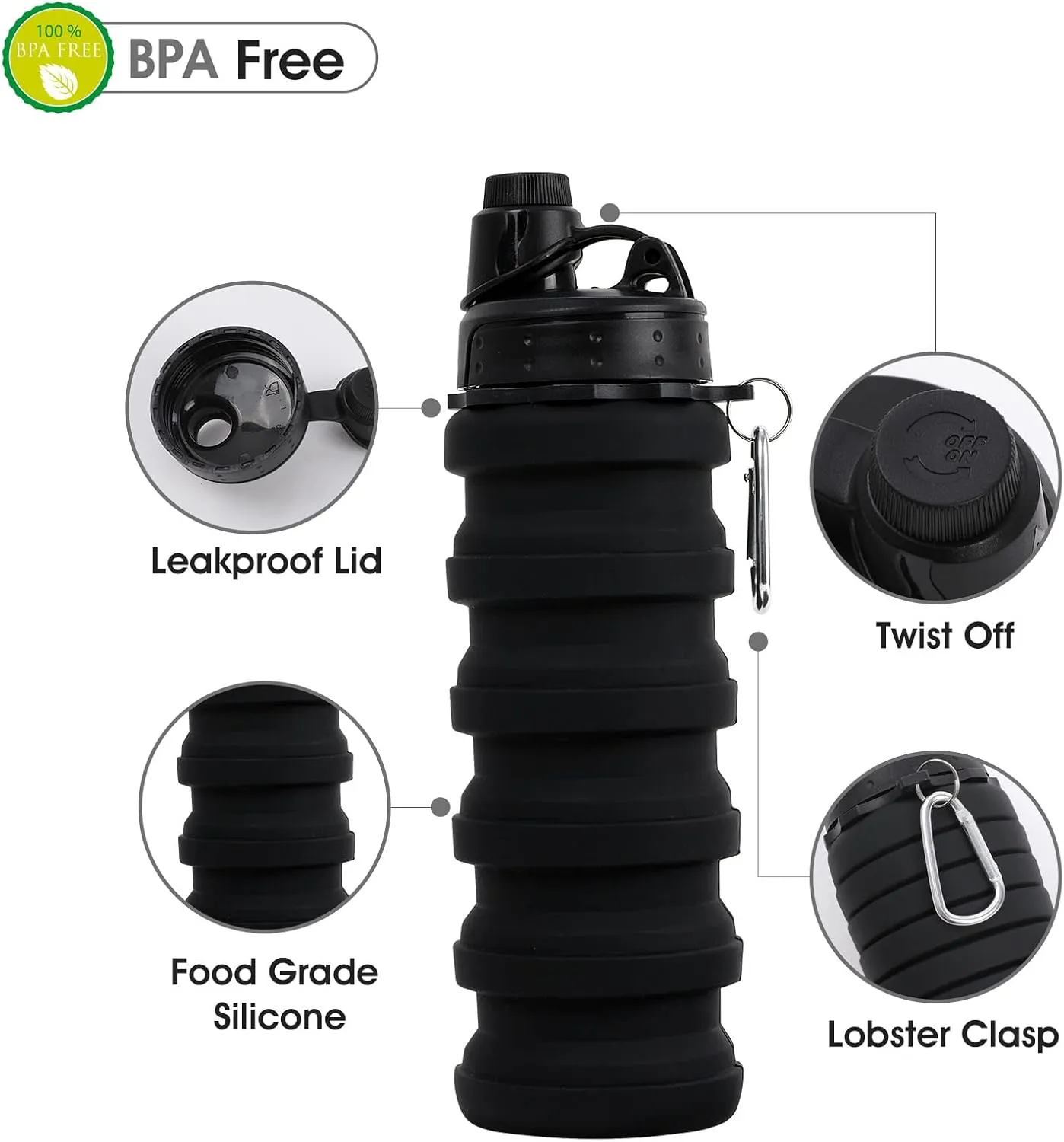 Collapsible Water Bottle for Adults, Boys, Students, Kids, Reusable Silicone Foldable Water Bottles for Travel Camping Hiking, Portable Sports Water Bottle, Black