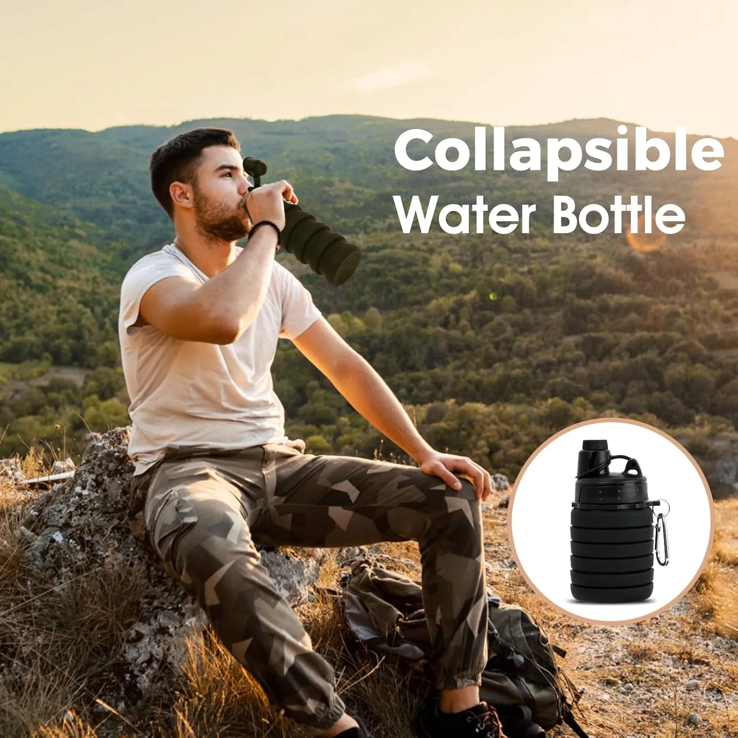 Collapsible Water Bottle for Adults, Boys, Students, Kids, Reusable Silicone Foldable Water Bottles for Travel Camping Hiking, Portable Sports Water Bottle, Black