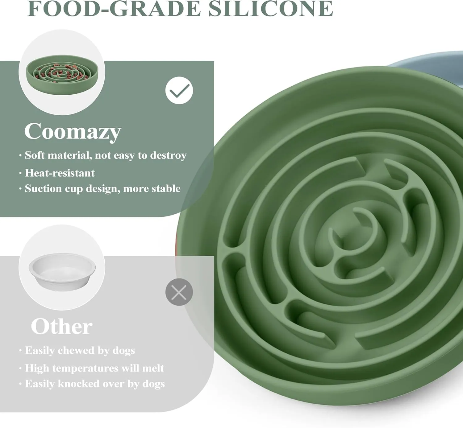 Coomazy Extra Large Slow Feeder Bowl, Silicone Dog Bowl with Suction Cups, Slow Feeder & Non-Slip Design, Boredom and Anxiety Reducer, Suitable for Large Dogs, Avocado Green, 5 Cup