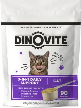 Dinovite for Cats Supplement - Immune   Digestive, Skin   Coat Support, Vitamins, Minerals, Omega 3, Enzymes, Probiotics. Reduces Shedding, Dry Skin, Itching, Stinking, Bald Spots, Seasonal Issues