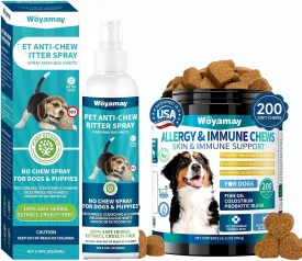 Dog Allergy Relief & No Chew Spray Bundle - 200 Anti-Itch Chews with Omega 3, Turmeric & Bitter Apple Spray for Licking, Chewing & Skin Irritations - Itch & Behavior Control