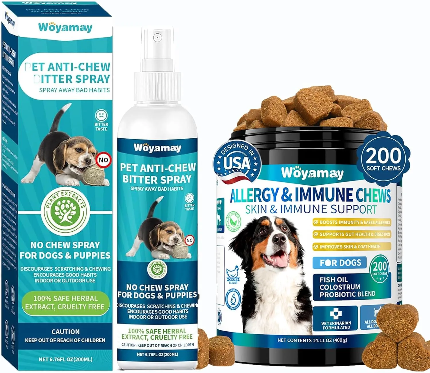 Dog Allergy Relief & No Chew Spray Bundle - 200 Anti-Itch Chews with Omega 3, Turmeric & Bitter Apple Spray for Licking, Chewing & Skin Irritations - Itch & Behavior Control
