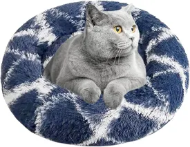 Dog Bed for Indoor, Faux Fur Calming Dog & Cat Bed 24' Anti-Anxiety Donut Soft Plush Cushion for Small Medium Dogs & Cats with Slip-Resistant Bottom(Cyan White)