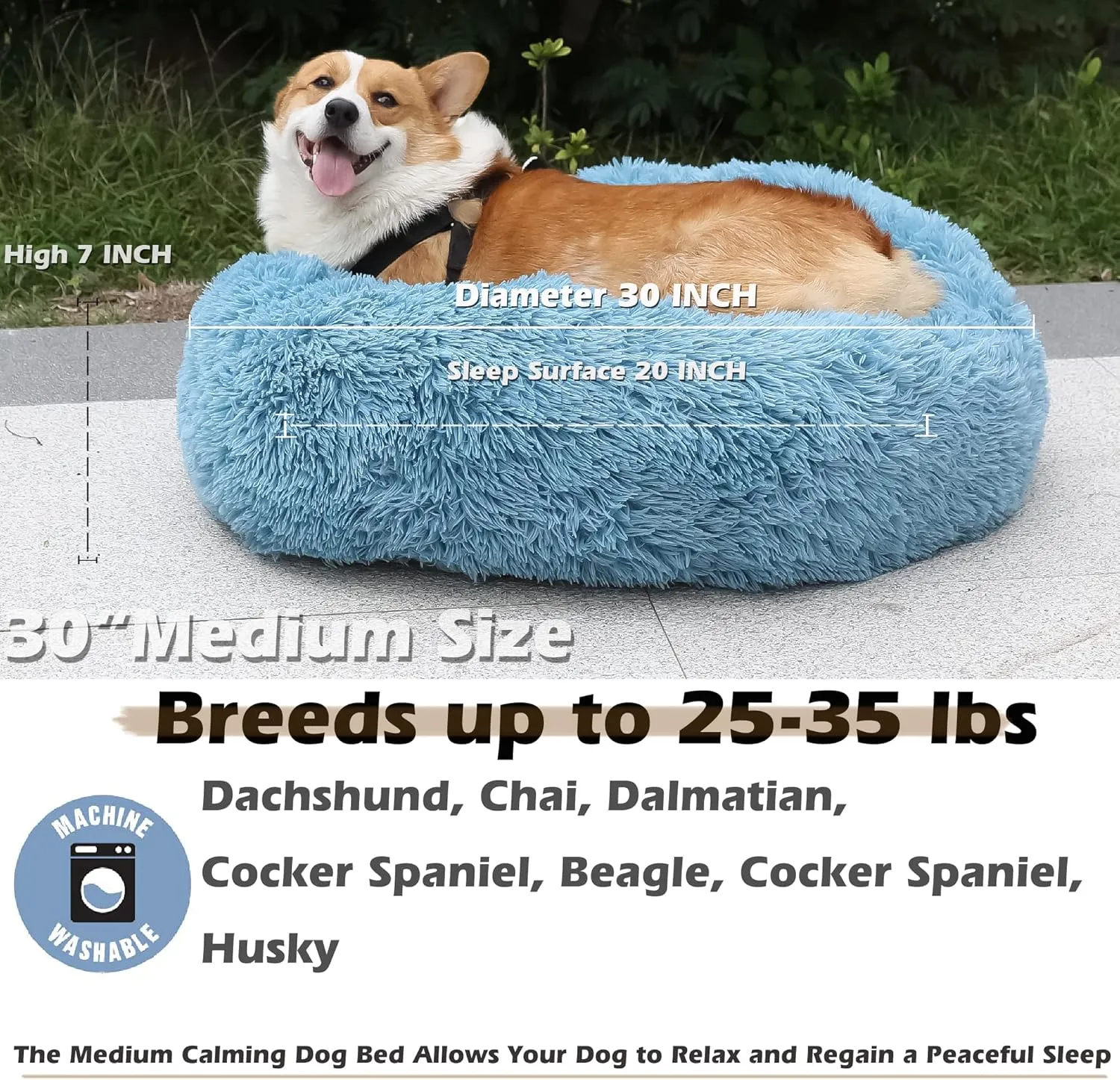 Dog Beds for Medium Dogs Washable Calming Fluffy and Soft Pet Bed with Anti Anxiety Faux Fur Round Medium Sized Pet Bed,Blue