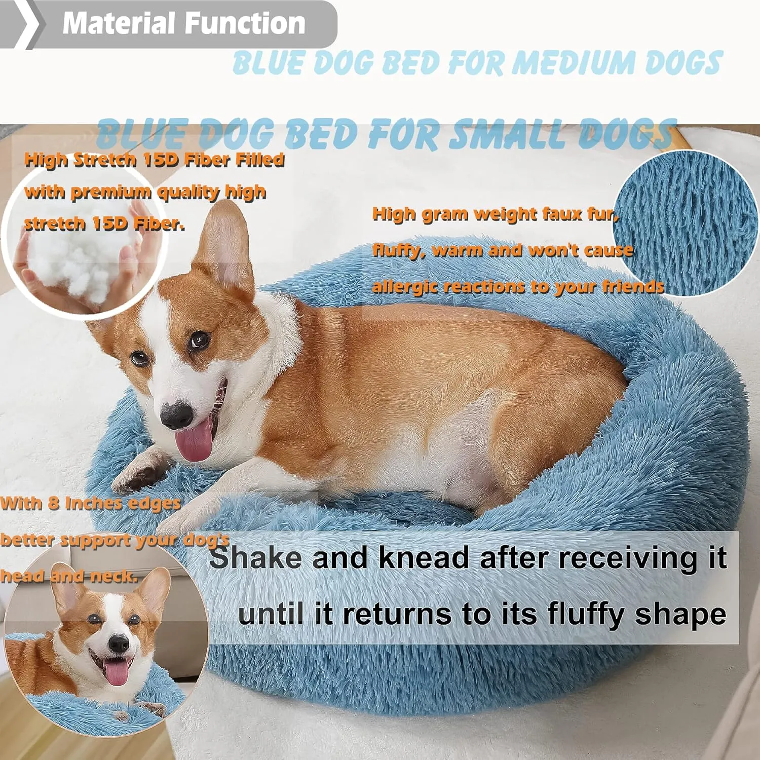Dog Beds for Medium Dogs Washable Calming Fluffy and Soft Pet Bed with Anti Anxiety Faux Fur Round Medium Sized Pet Bed,Blue