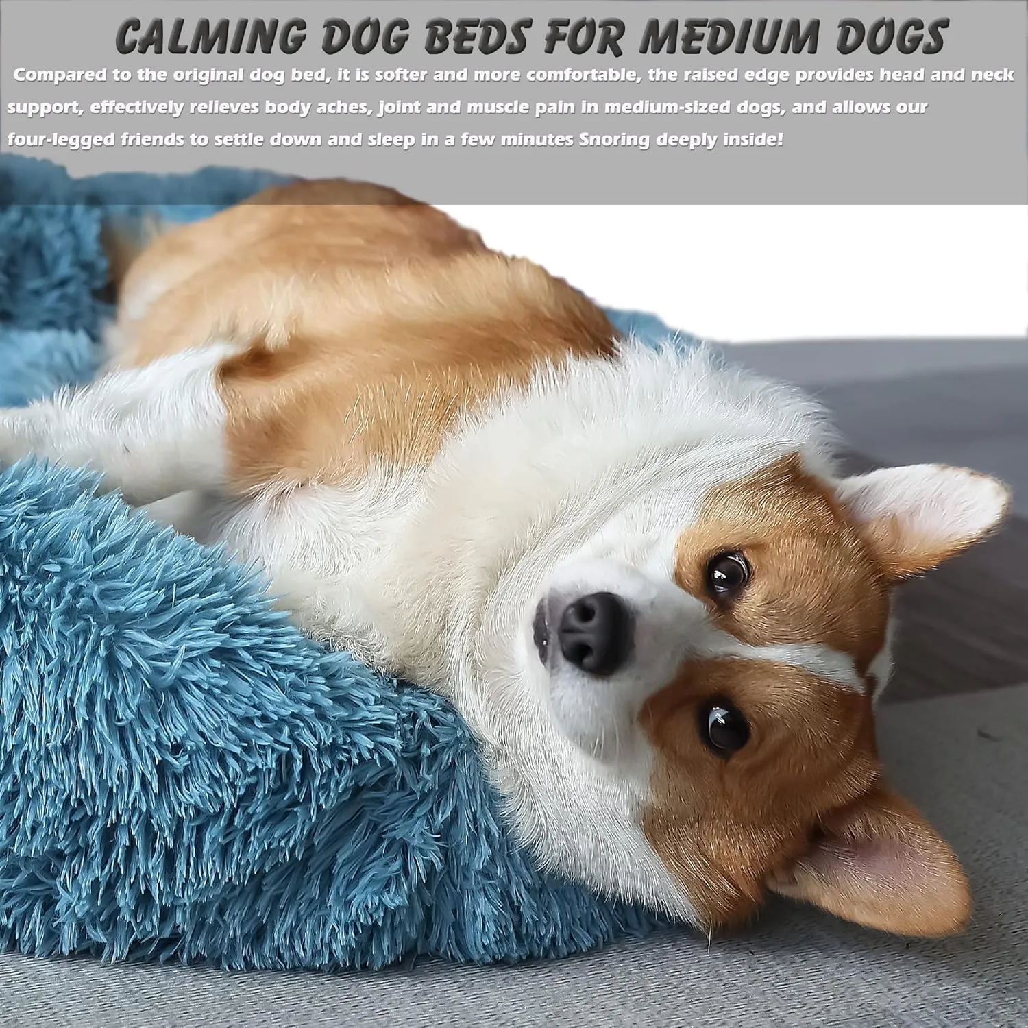 Dog Beds for Medium Dogs Washable Calming Fluffy and Soft Pet Bed with Anti Anxiety Faux Fur Round Medium Sized Pet Bed,Blue