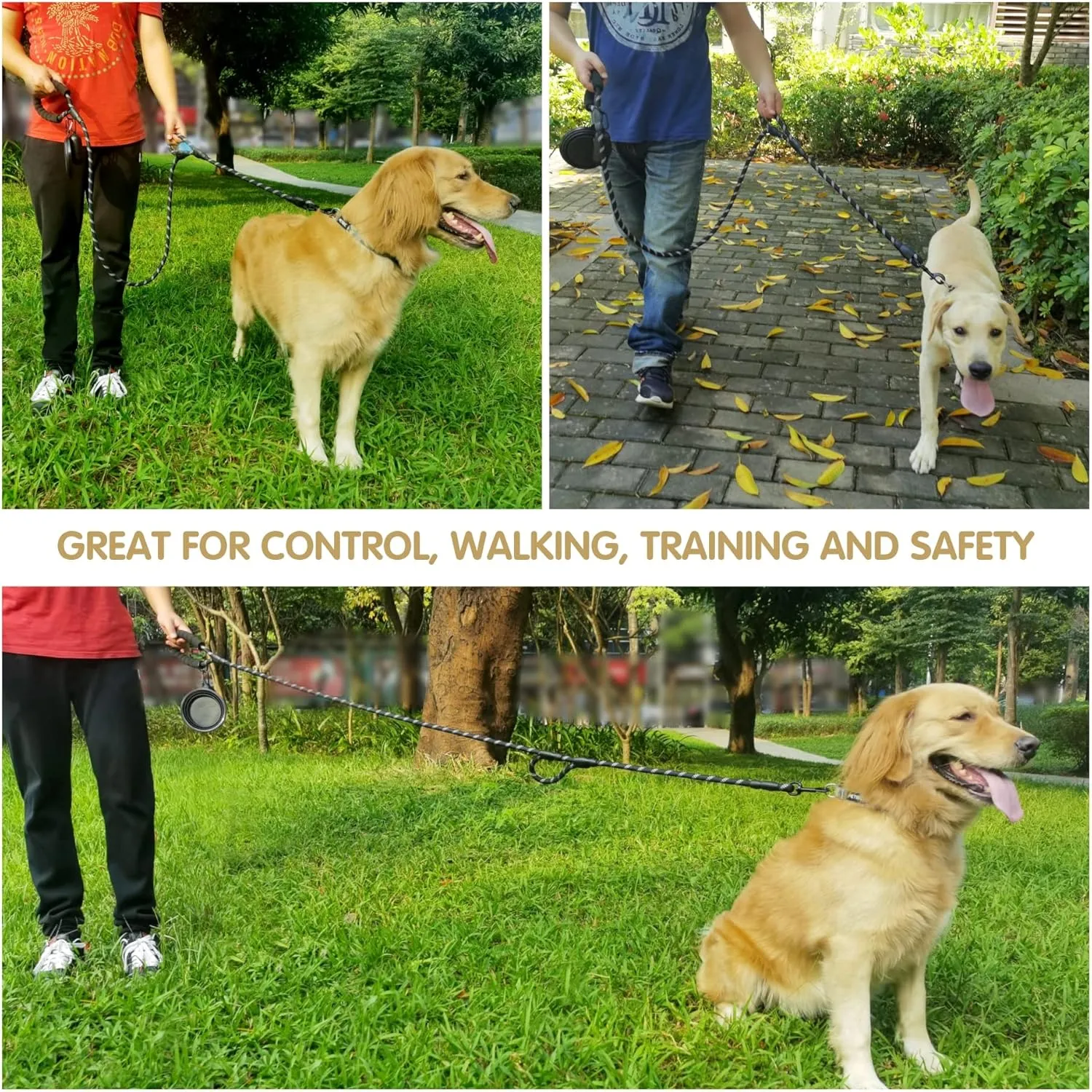 Dog Leash Heavy Duty 6ft, Double Handle Dog Leash with Padded Handle for Traffic Control, Reflective Rope Leashes for Large and Medium Dogs Control Safety Training at Night (Black)