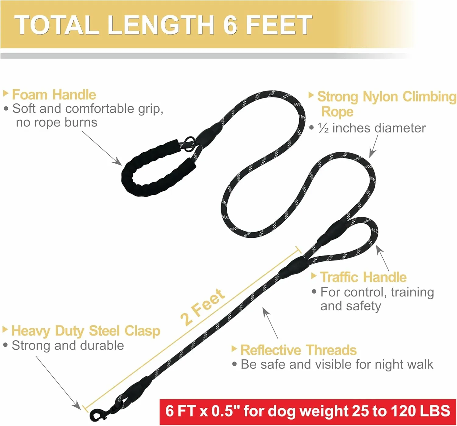 Dog Leash Heavy Duty 6ft, Double Handle Dog Leash with Padded Handle for Traffic Control, Reflective Rope Leashes for Large and Medium Dogs Control Safety Training at Night (Black)